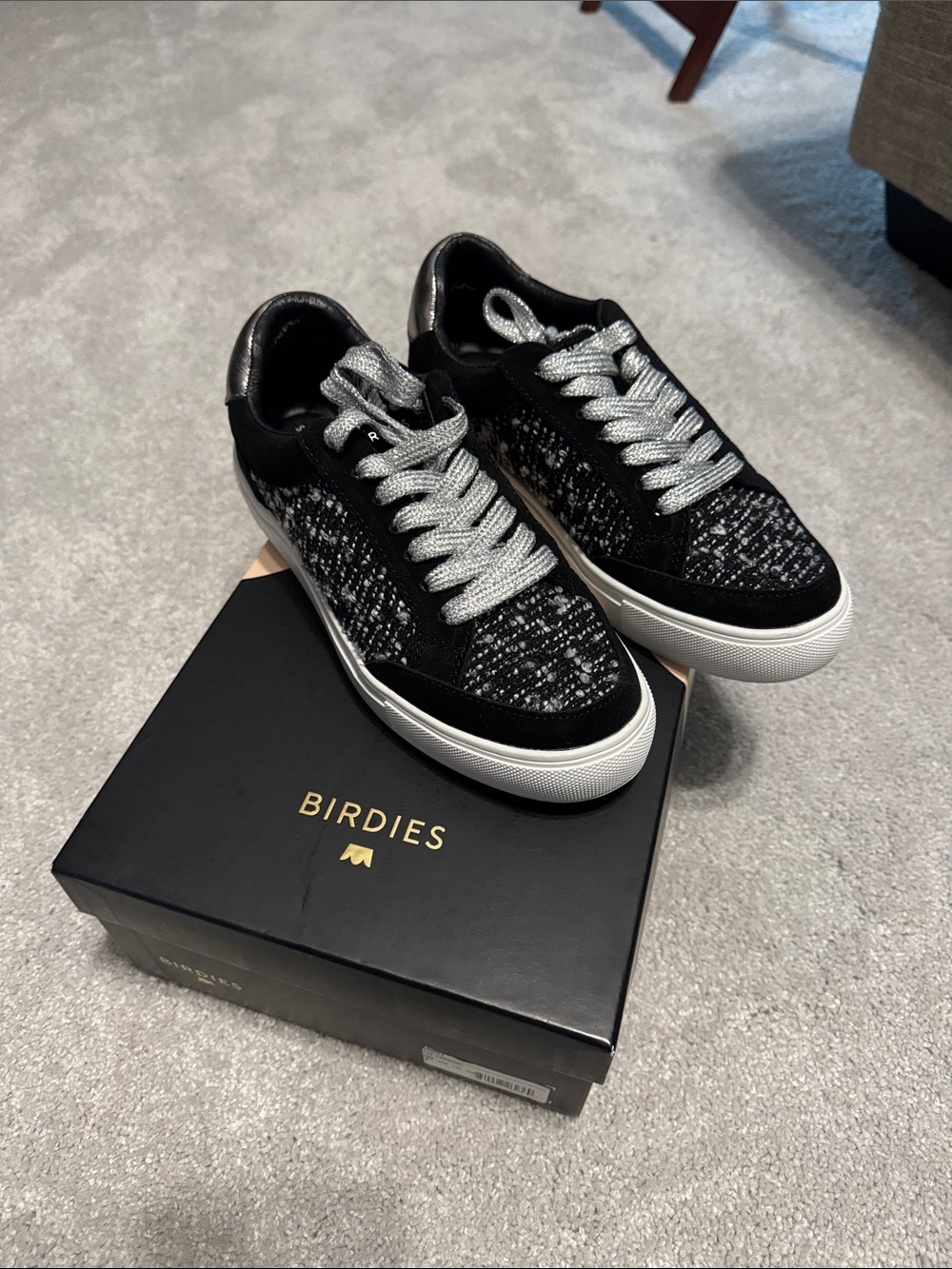 Birdies The Cardinal Black Tweed & Suede Low-Top Sneakers with Silver Accents